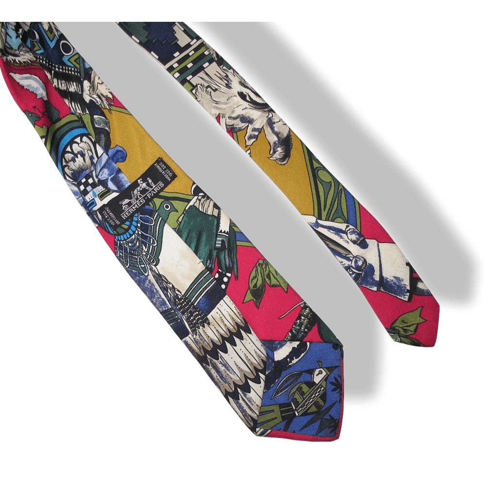 Hermes 1990s Hot Pink Cury Green Kachinas by Kermit Oliver Print Scarf Blanc Matt Twill Silk Tie, Rare! - poupishop
