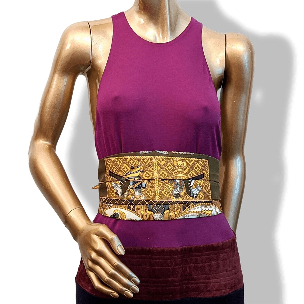 Hermes 1990s Kaki/Gold Tuxedo Twill Silk Adjustable Large Belt, BNEW without Clasp!