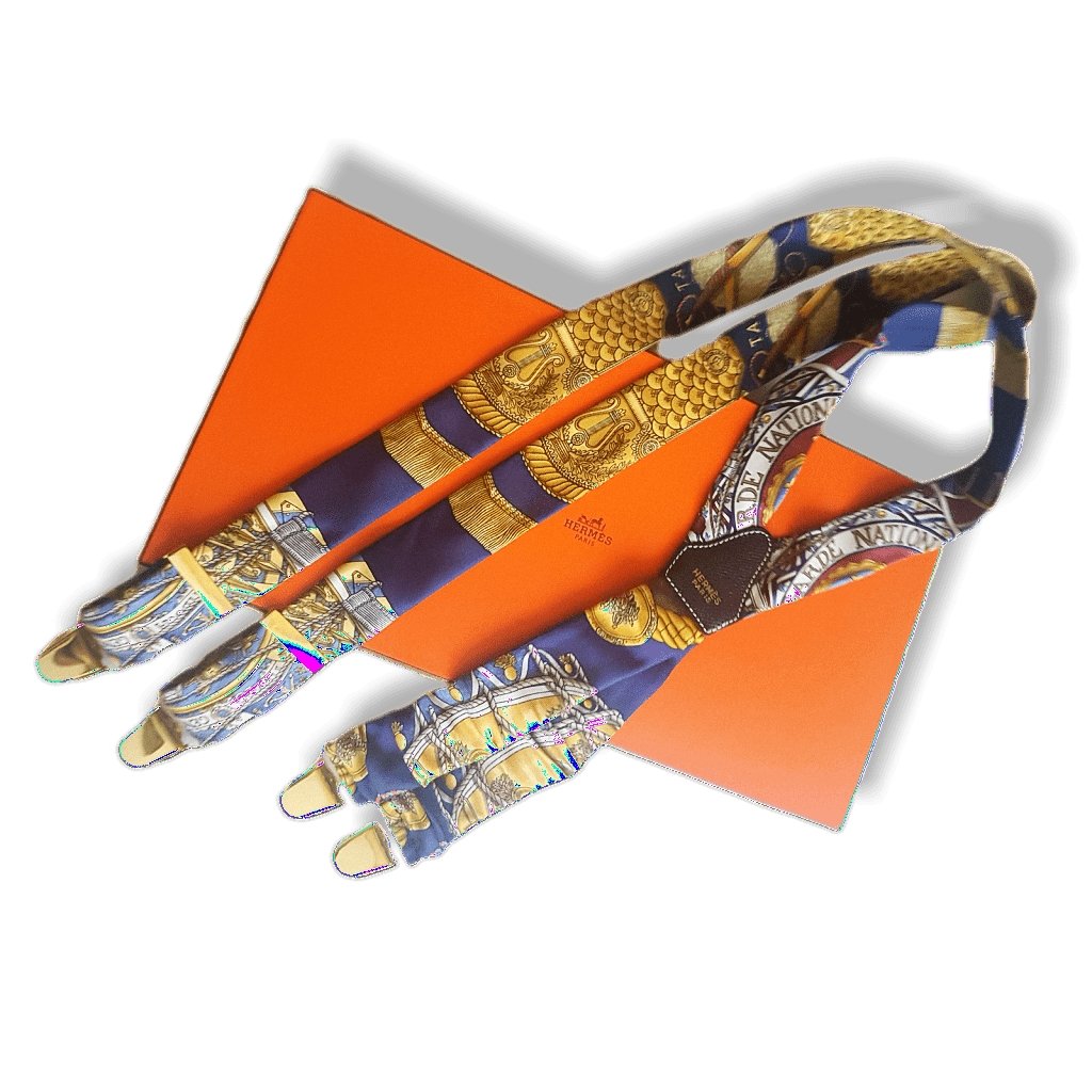 Hermes Dark Blue Les Tambours Printed Silk Braces