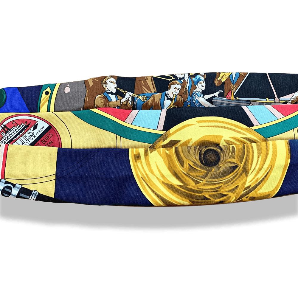 Hermes 1990cms NEW ORLEANS CREOLE JAZZ Tuxedo Printed Silk Adjustable Large Belt, Sz 42, NWTIB! - poupishop