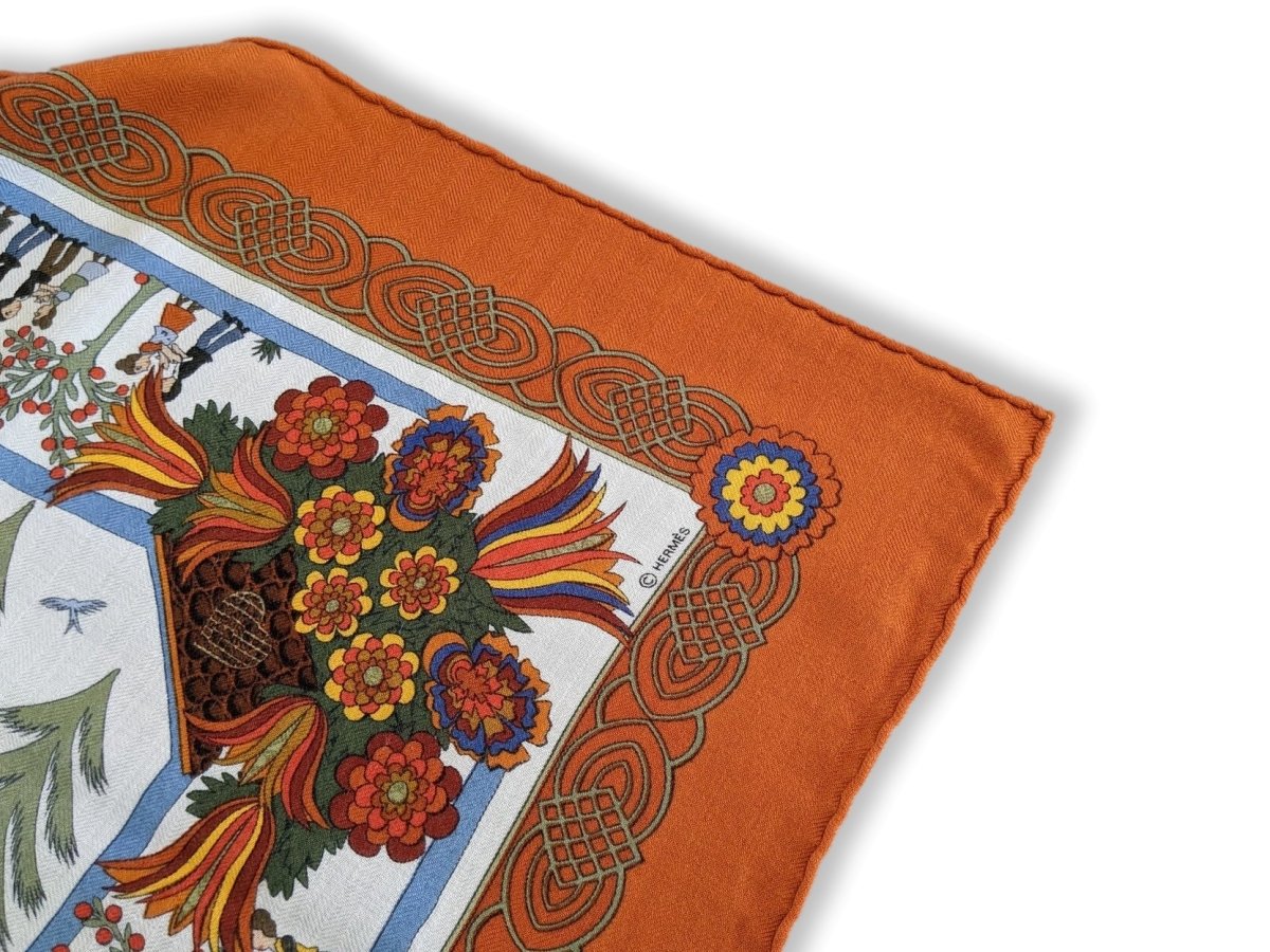 Hermes 1990s Orange/Blanc DECOUPAGE by Anne Rosat Cashmere 90, Researched!