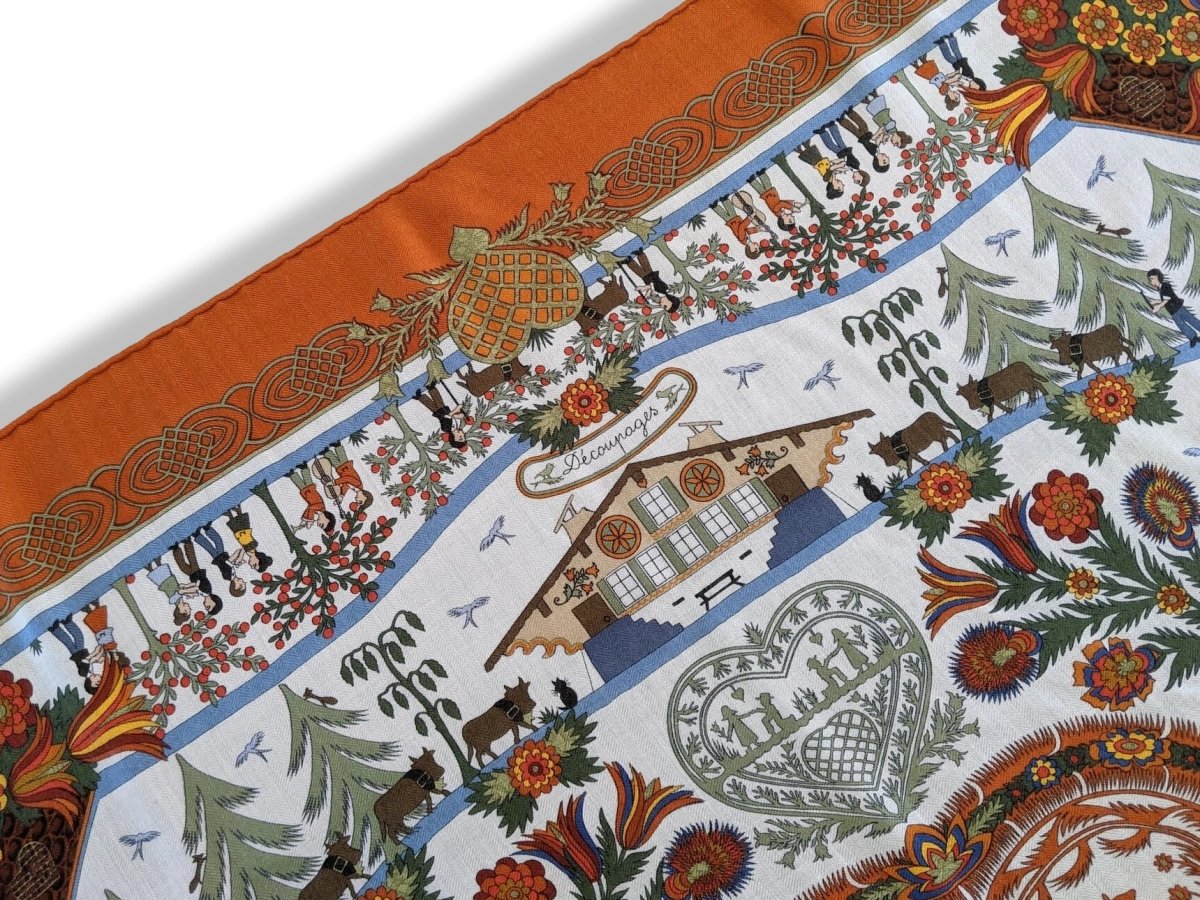 Hermes 1990s Orange/Blanc DECOUPAGE by Anne Rosat Cashmere 90, Researched!