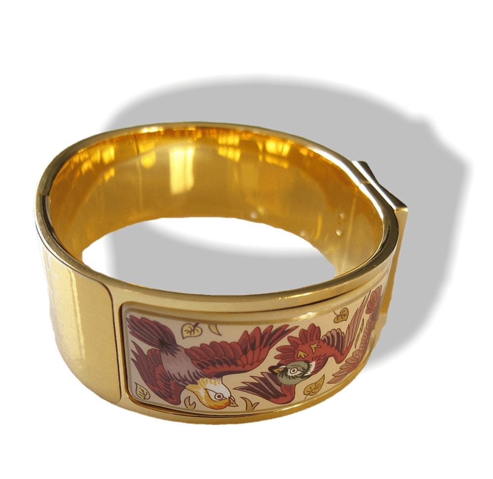Hermes Enamel/Gold Birds Les Intrus Clic Clac Bracelet