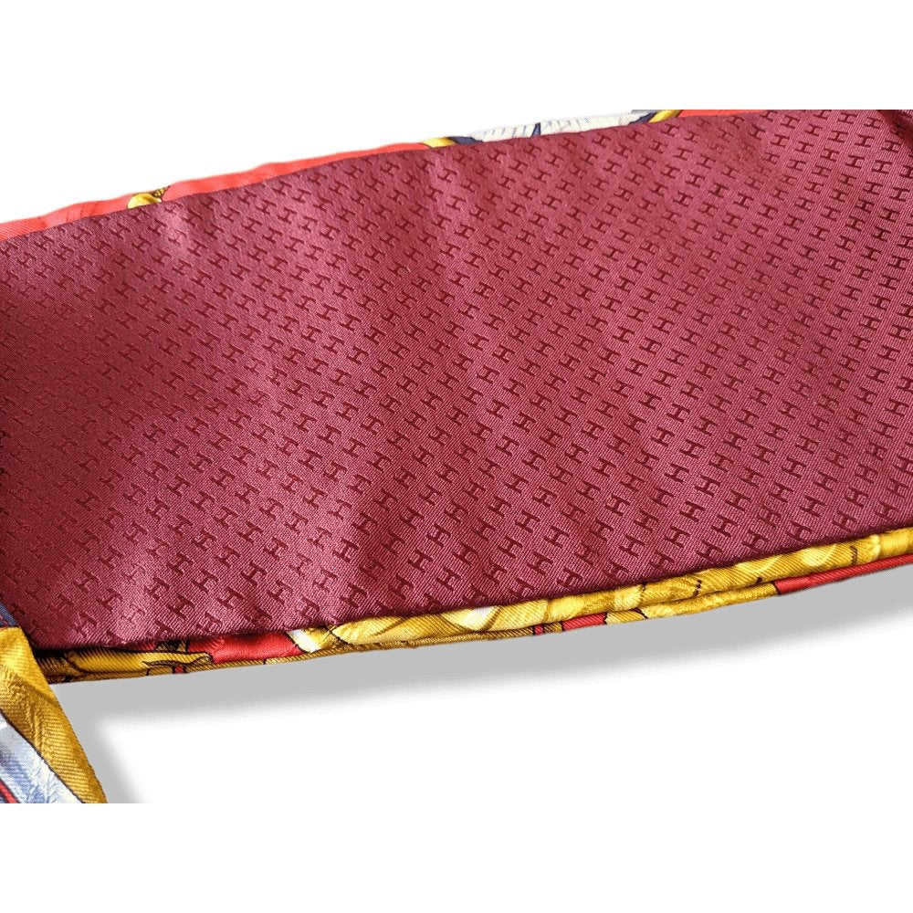 Hermes 1990s Red Gold DAIMYO PRINCES DU SOLEIL LEVANT Tuxedo Jacquard Printed Silk Adjustable Large Belt, BNEW!