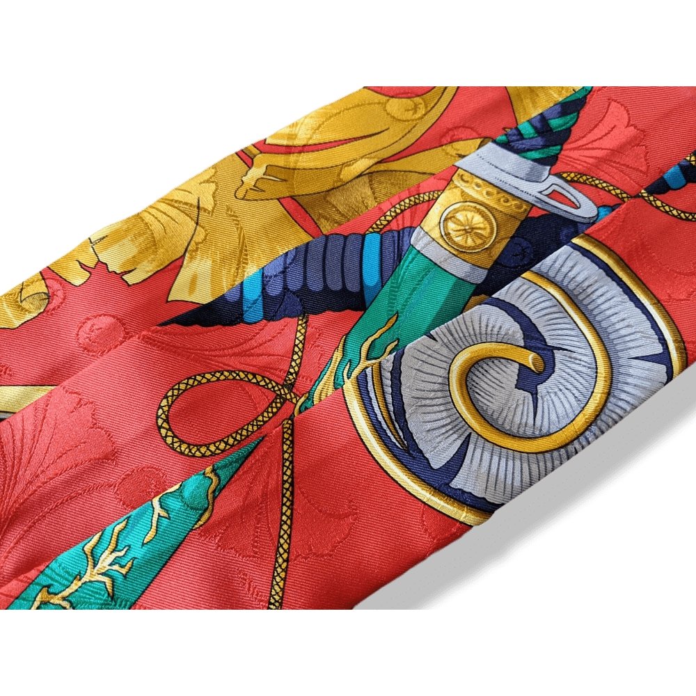 Hermes 1990s Red Gold DAIMYO PRINCES DU SOLEIL LEVANT Tuxedo Jacquard Printed Silk Adjustable Large Belt, BNEW!
