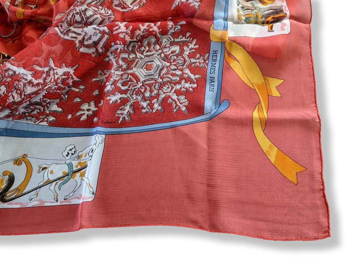 Hermes 1990s Rouge NEIGE DANTAN by Caty Latham Mousseline Chiffon Shawl 140, RARE, NIB!