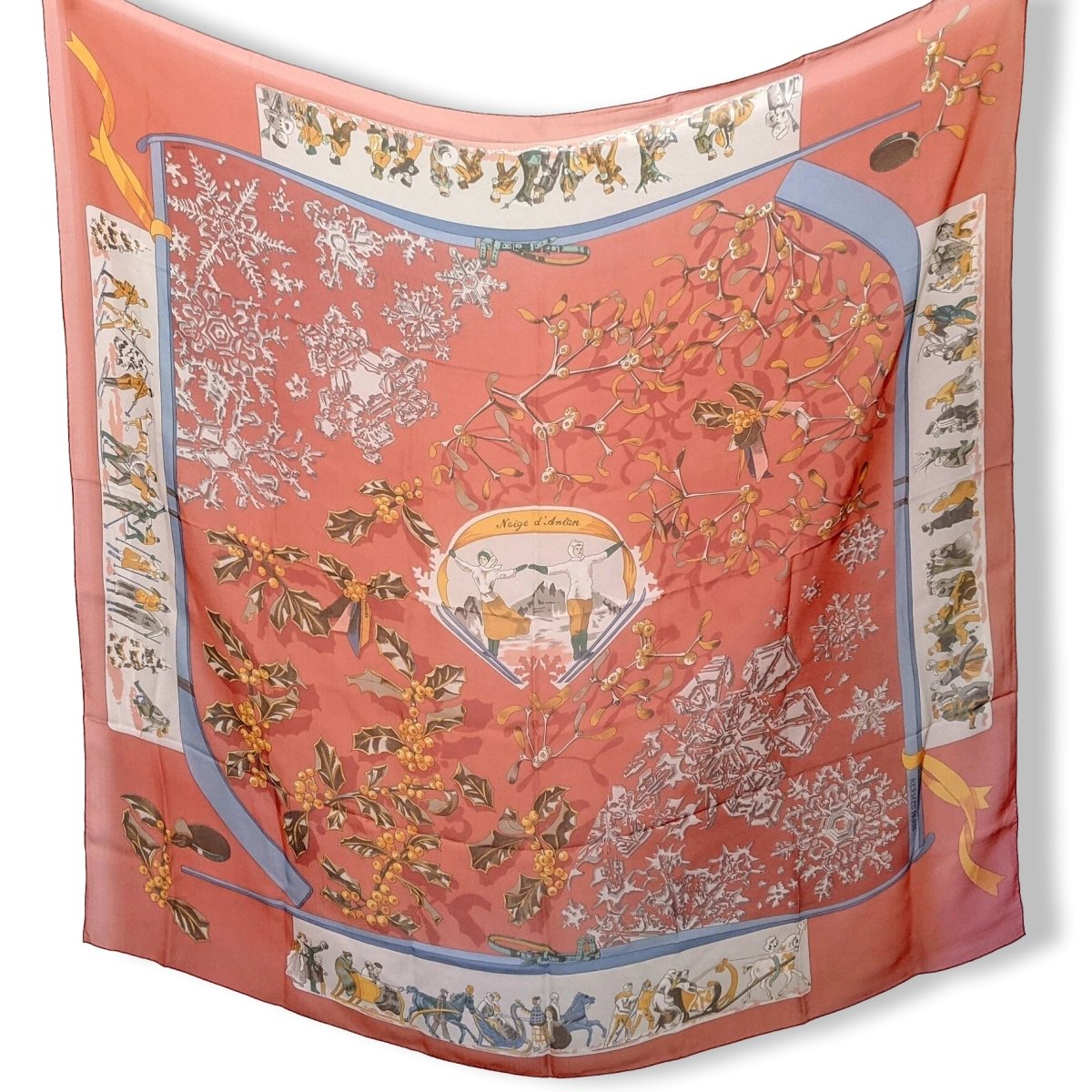Hermes 1990s Rouge NEIGE DANTAN by Caty Latham Mousseline Chiffon Shawl 140, RARE, NIB!