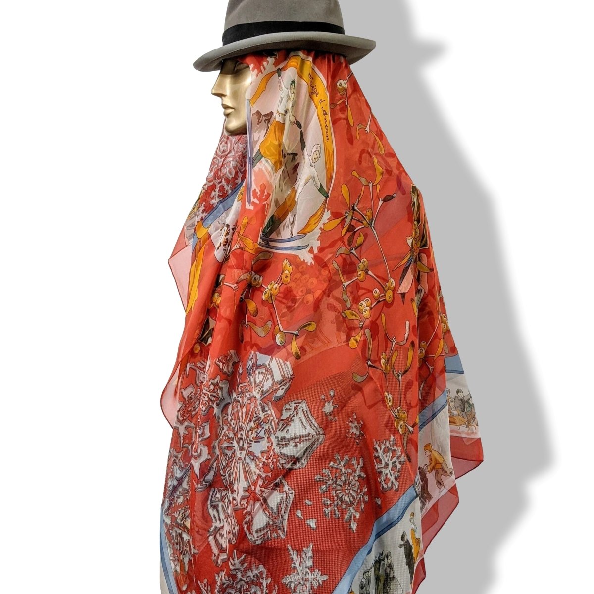 Hermes 1990s Rouge NEIGE DANTAN by Caty Latham Mousseline Chiffon Shawl 140, RARE, NIB!