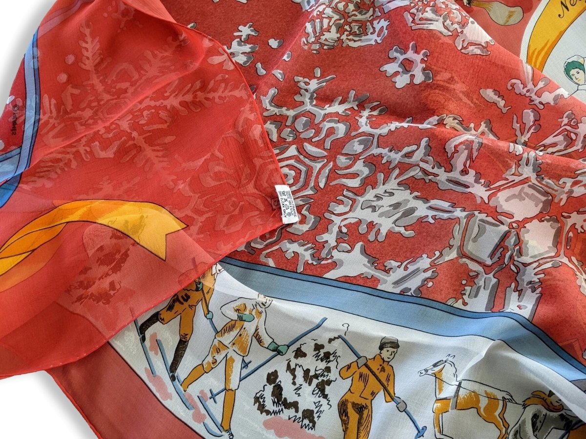Hermes 1990s Rouge NEIGE DANTAN by Caty Latham Mousseline Chiffon Shawl 140, RARE, NIB!