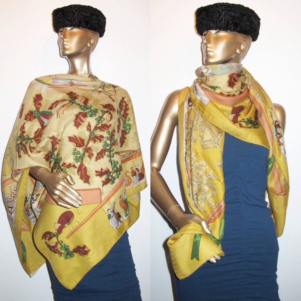 Hermes 1991 Curry Neige D'Antan cashmere shawl