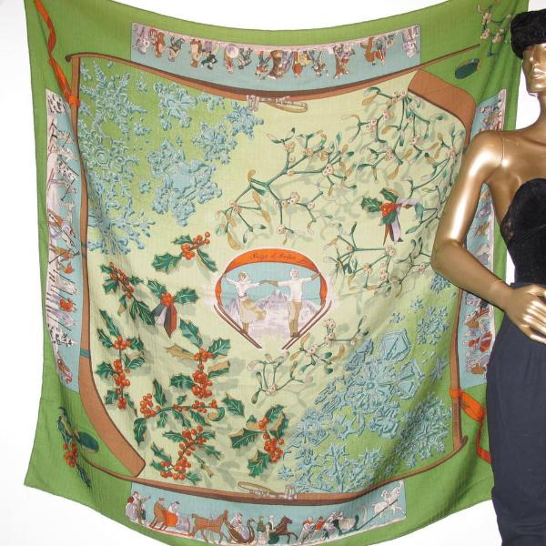 Hermes 1991 Green Neige d'Antan Cashmere Shawl 140 Rare! | poupishop