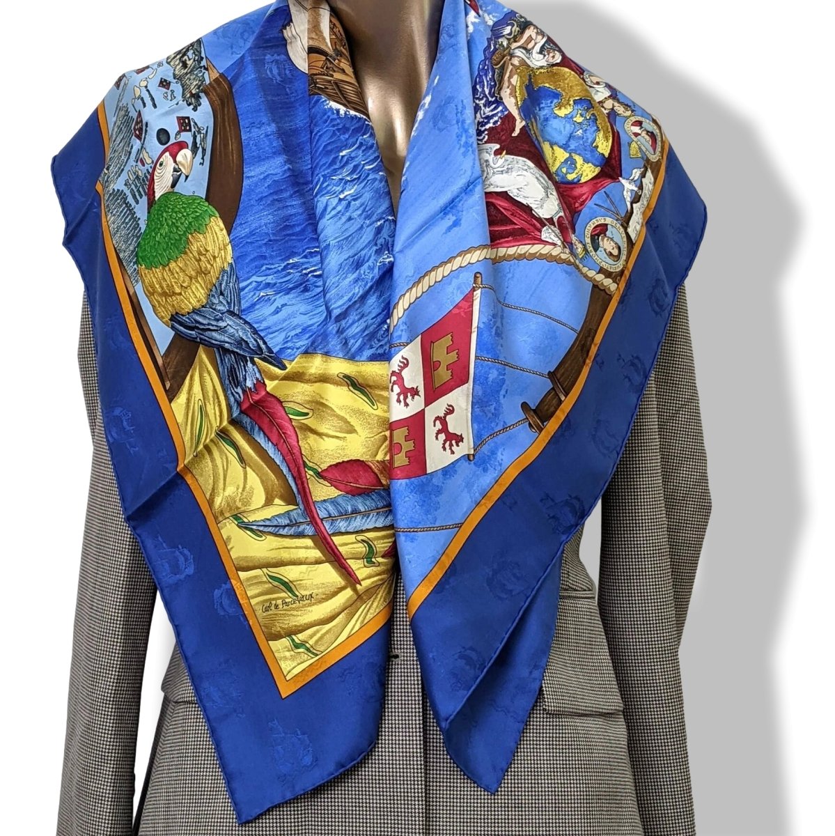 Hermes 1992 Bleu Vif CHRISTOPHE COLOMB DECOUVRE L'AMERIQUE by Carl de Parcevaux Jacquard Twill Silk, Mint!t!