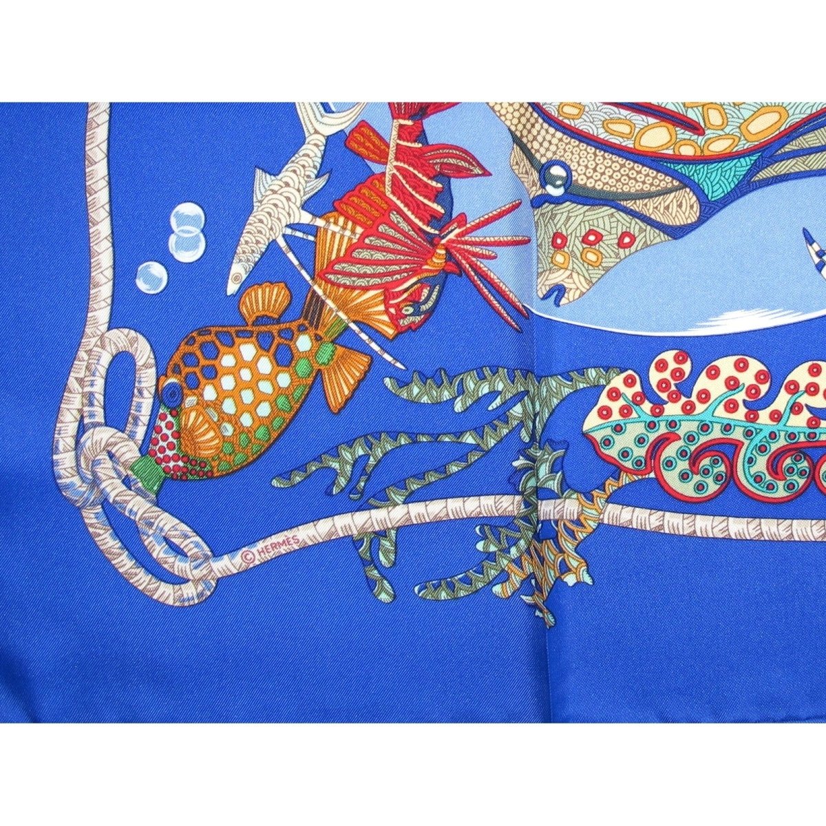 Hermes 1992 First Issue Electric Blue Grands Fonds by Annie Faivre Twill Silk 90, Mint! - poupishop