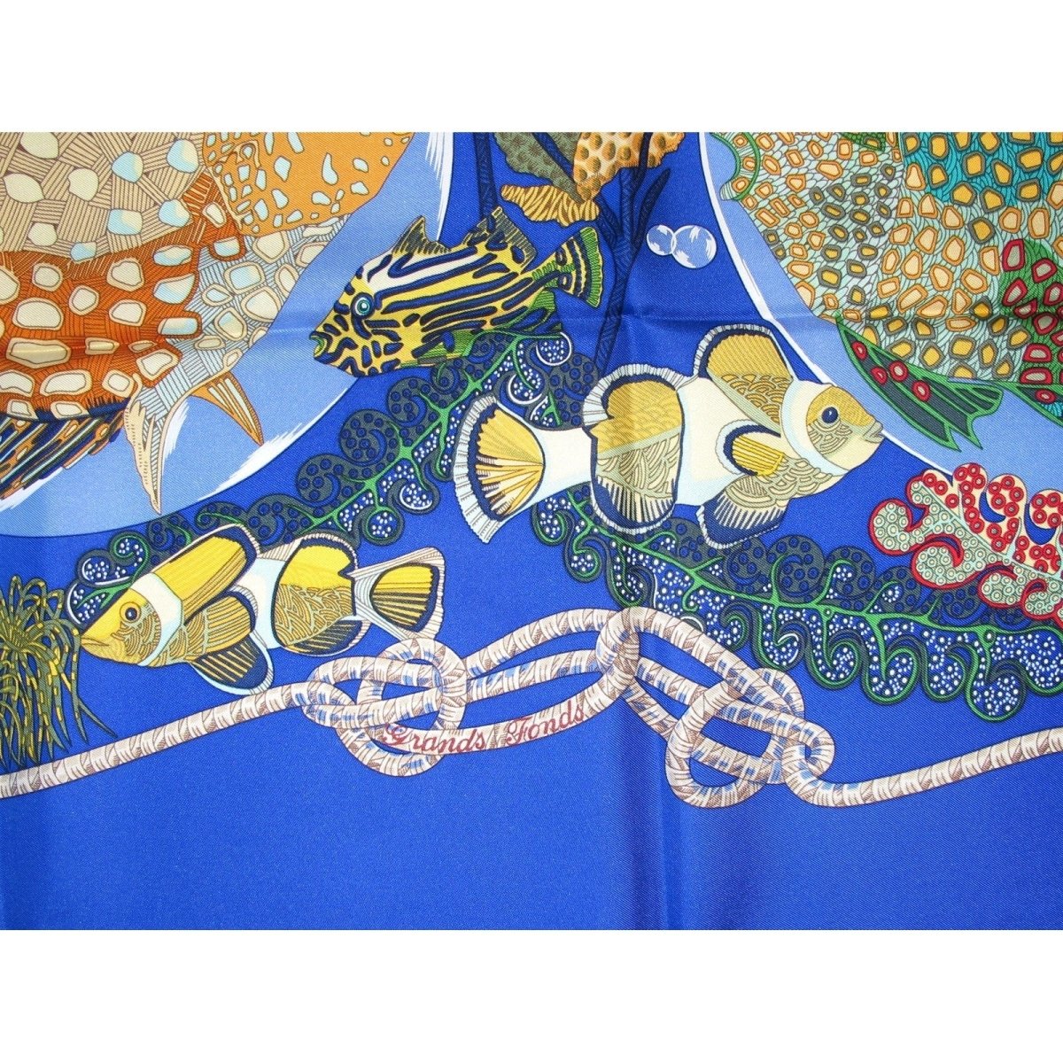 Hermes 1992 First Issue Electric Blue Grands Fonds by Annie Faivre Twill Silk 90, Mint! - poupishop