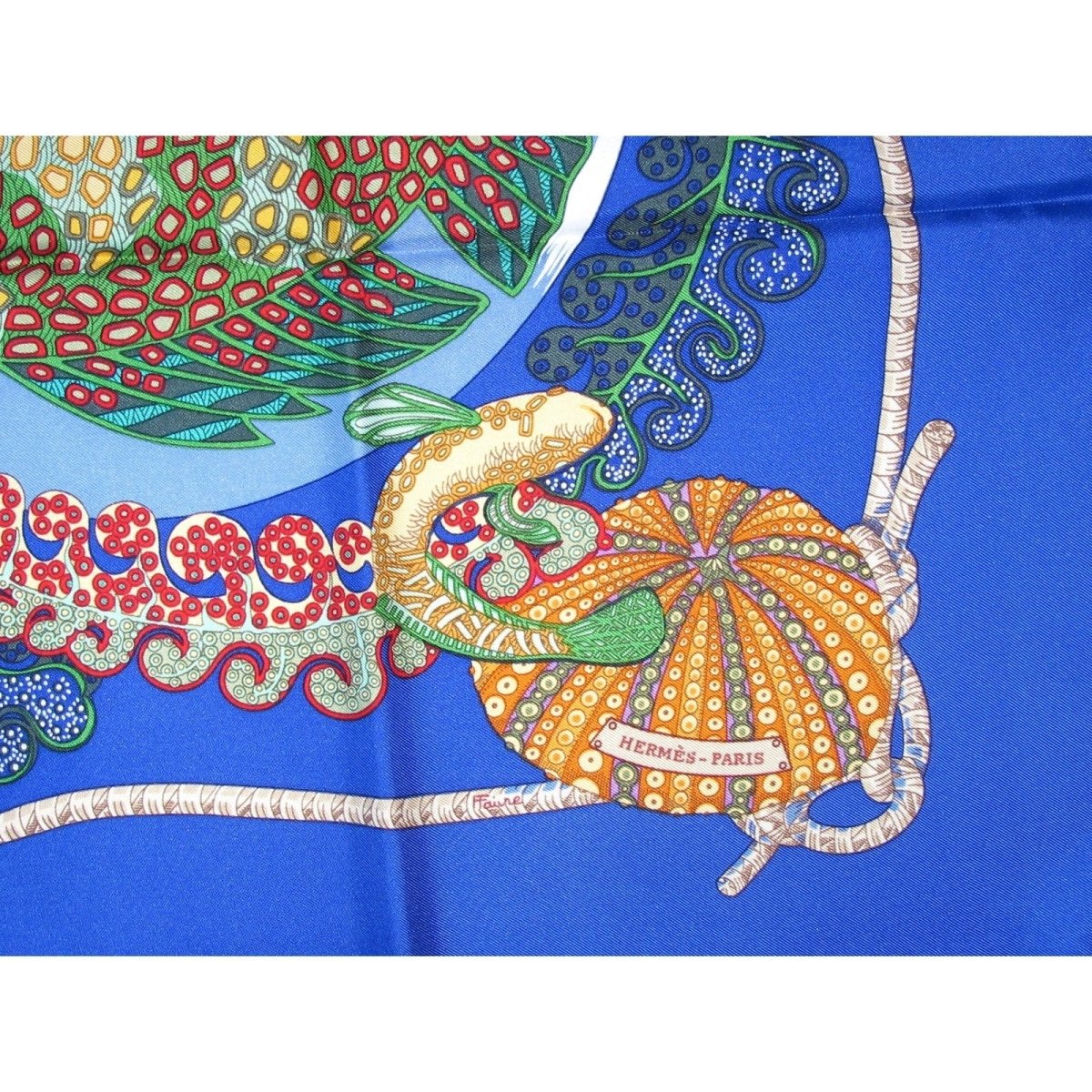 Hermes 1992 First Issue Electric Blue Grands Fonds by Annie Faivre Twill Silk 90, Mint! - poupishop
