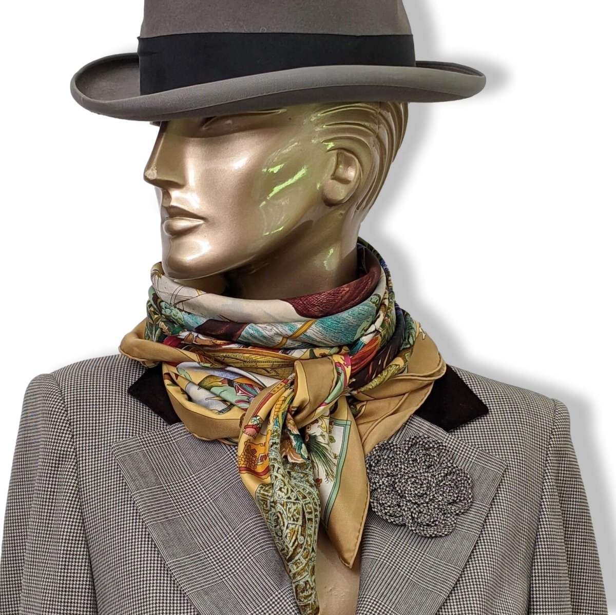 Hermes 1992 Or/Multi Les Ameriques Colombus by Kermit Oliver Twill Scarf 90, Mint!