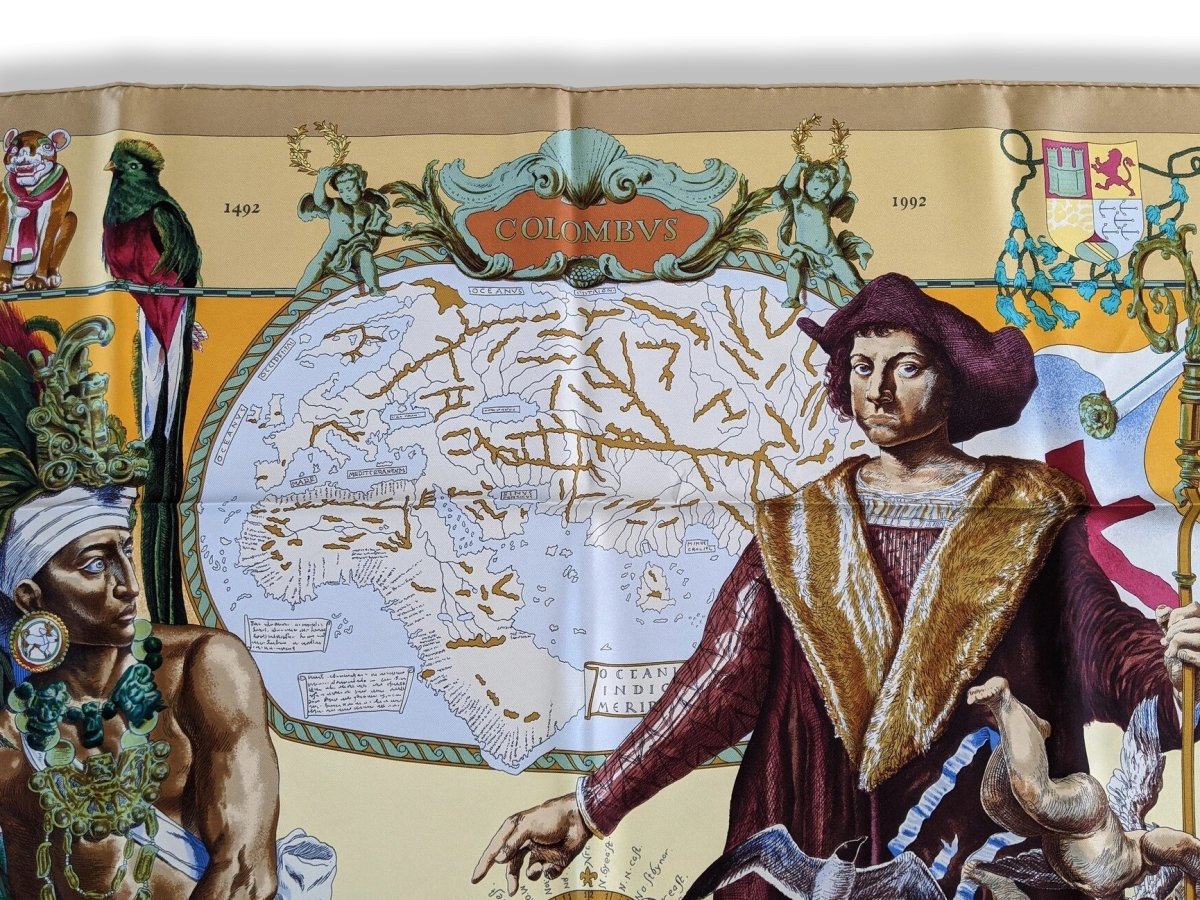 Hermes 1992 Or/Multi Les Ameriques Colombus by Kermit Oliver Twill Scarf 90, Mint!