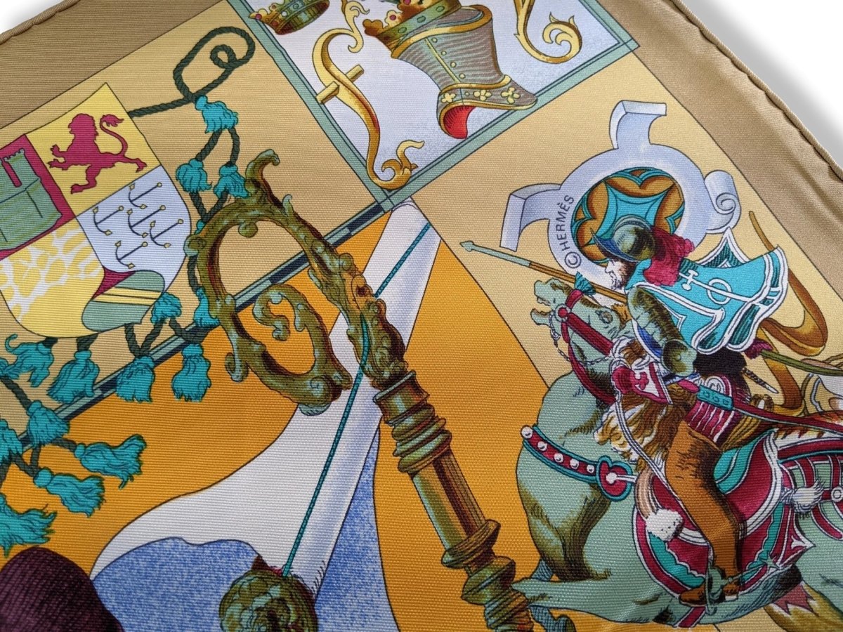 Hermes 1992 Or/Multi Les Ameriques Colombus by Kermit Oliver Twill Scarf 90, Mint!