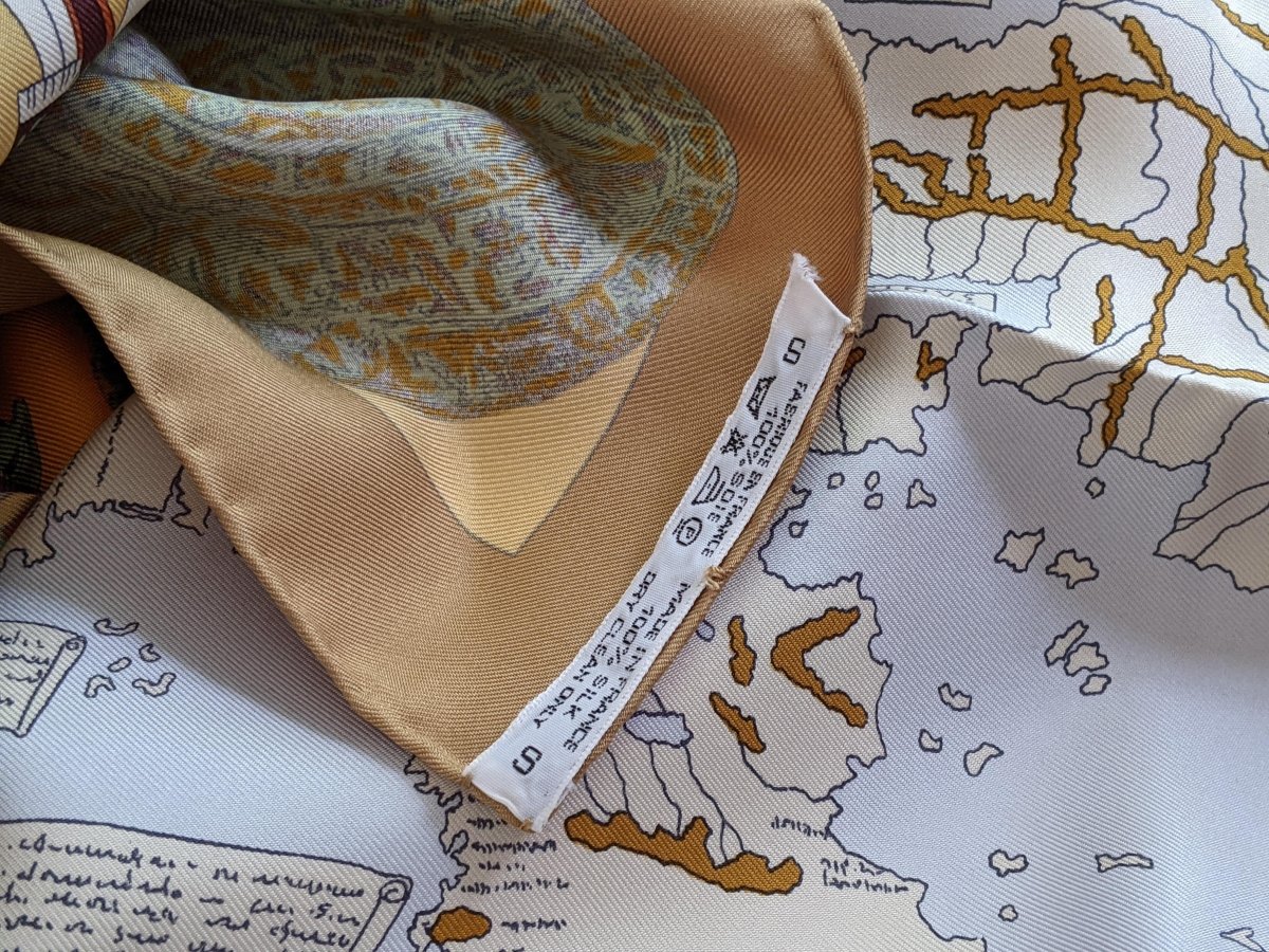 Hermes 1992 Or/Multi Les Ameriques Colombus by Kermit Oliver Twill Scarf 90, Mint!