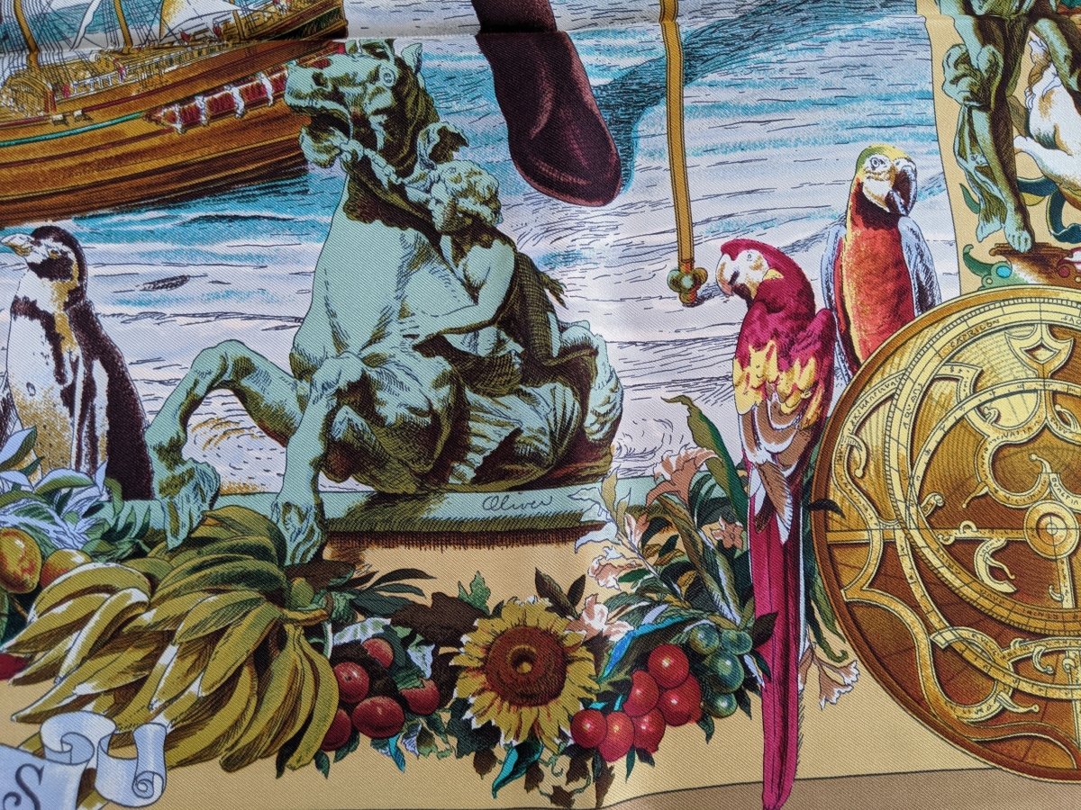 Hermes 1992 Or/Multi Les Ameriques Colombus by Kermit Oliver Twill Scarf 90, Mint!