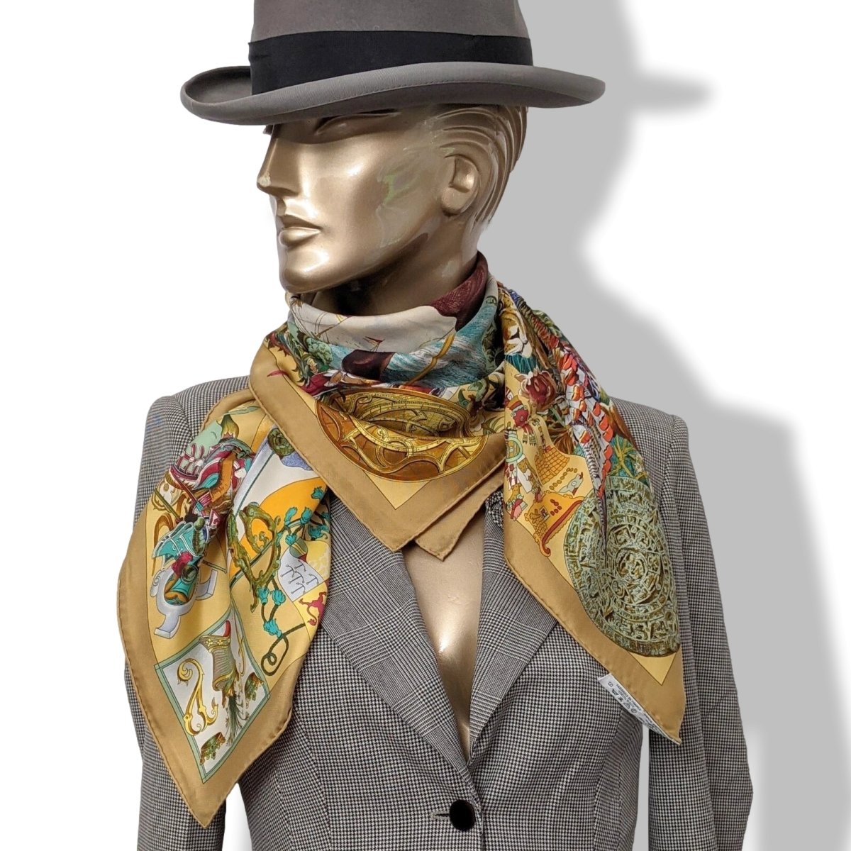 Hermes 1992 Or/Multi Les Ameriques Colombus by Kermit Oliver Twill Scarf 90, Mint!