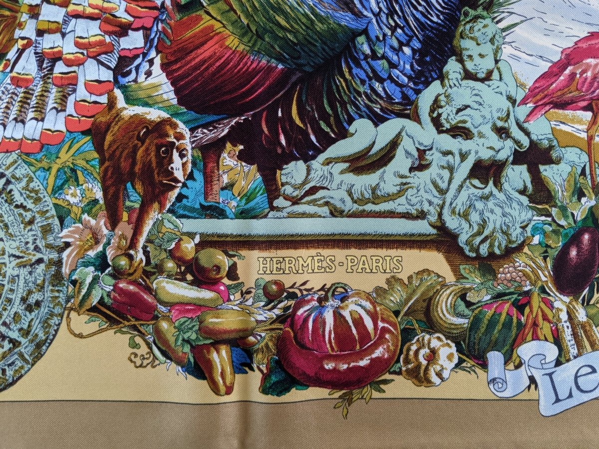Hermes 1992 Or/Multi Les Ameriques Colombus by Kermit Oliver Twill Scarf 90, Mint!