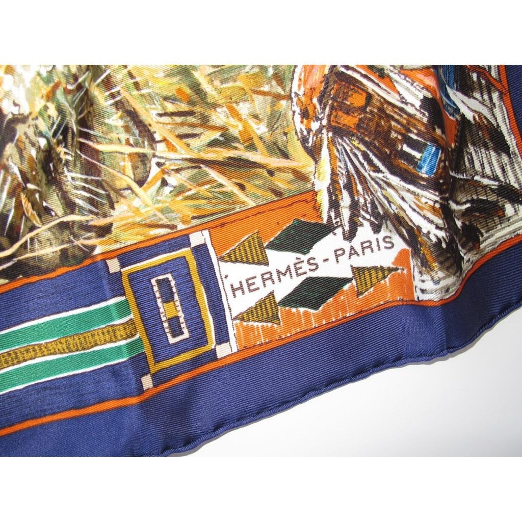 Hermes 1993 Navy Blue Plumes de L'Ouest by Kermit Oliver Blanc Matte Overlay Twill 90, New! - poupishop
