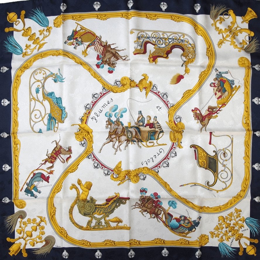 Hermes Plumes et Grelots by Julia Abadie Jacquard of Holly Silk Twill 90