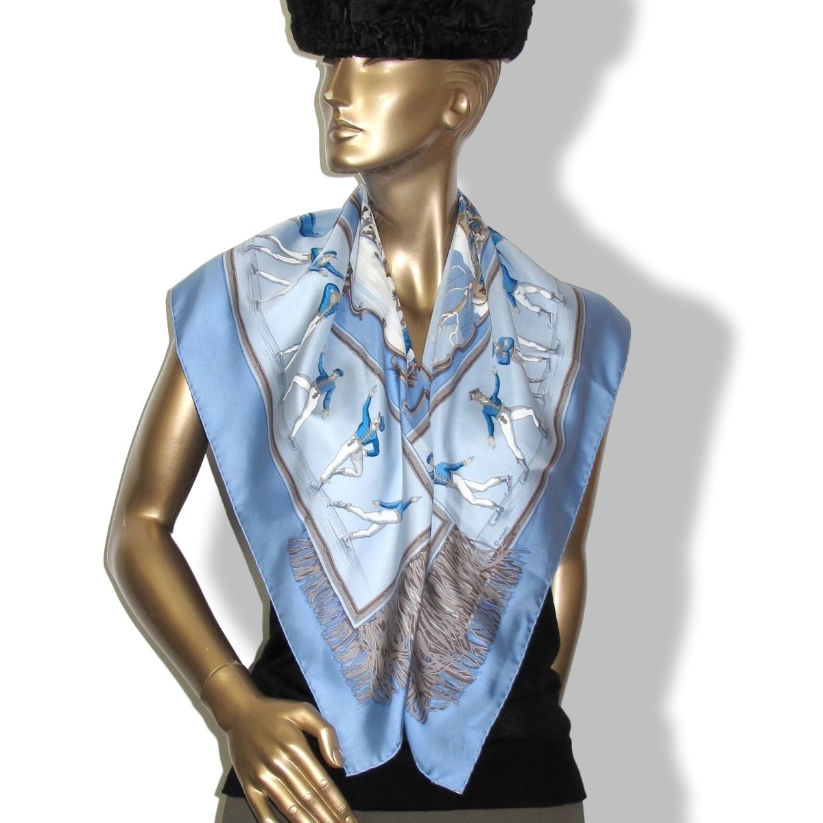 Hermes 1997 Ciel/Blanc/Bleu LES PLAISIRS DU FROID by Hugo Grygkar Twill Silk 90