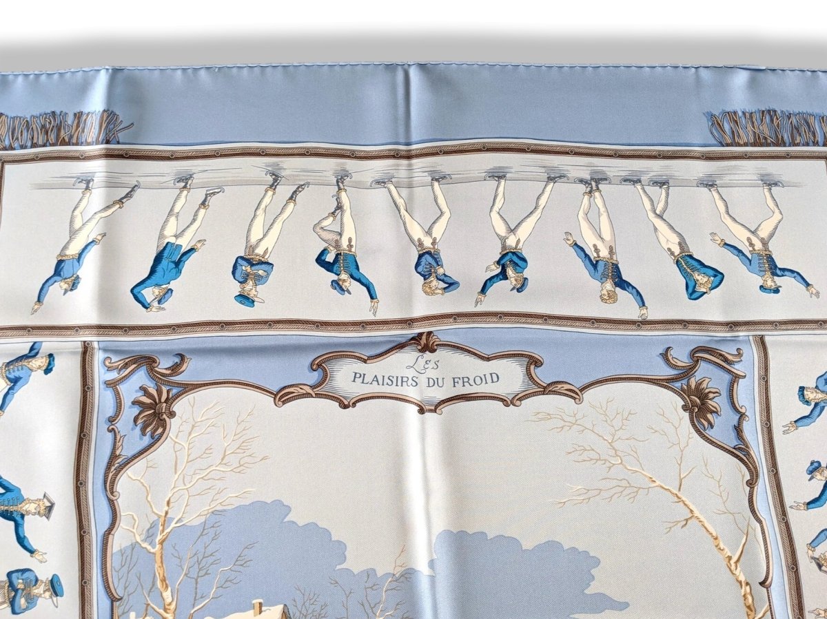 Hermes 1997 Ciel/Blanc/Bleu LES PLAISIRS DU FROID by Hugo Grygkar Twill Silk 90