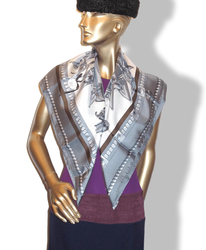 Hermes 1997 Grey White Cuillers d'Afrique by Caty Latham Twill 90cm, New! - poupishop