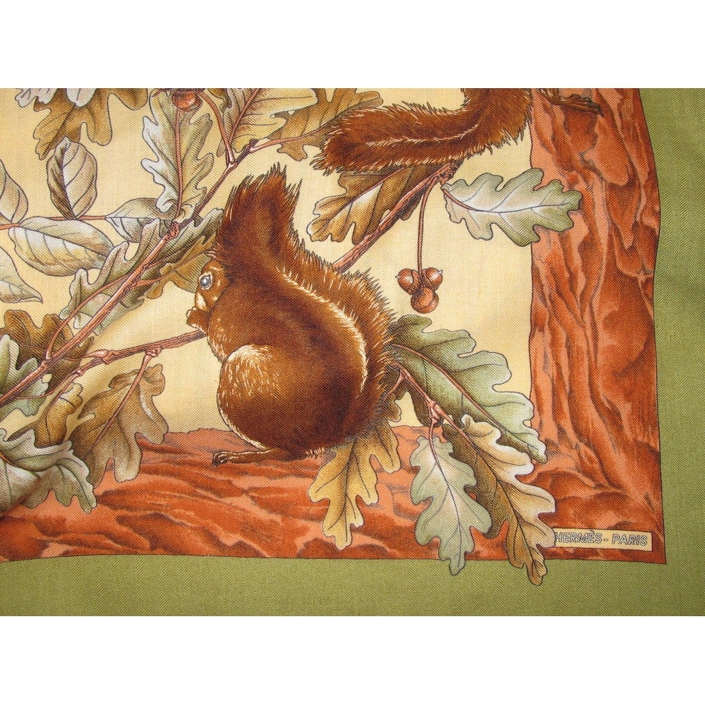 Hermes 1997 Olive/Haselnut Casse-Noisette by Antoine de Jacquelot Cashmere Shawl 140 - poupishop