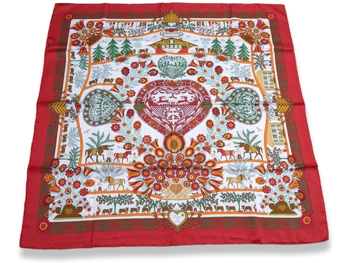 Hermes 1997 Special Issue Ltd Blanc/Rouge/vert Decoupage for Gstaad by Anne Rosat Twill 90 RARE, BNIB!