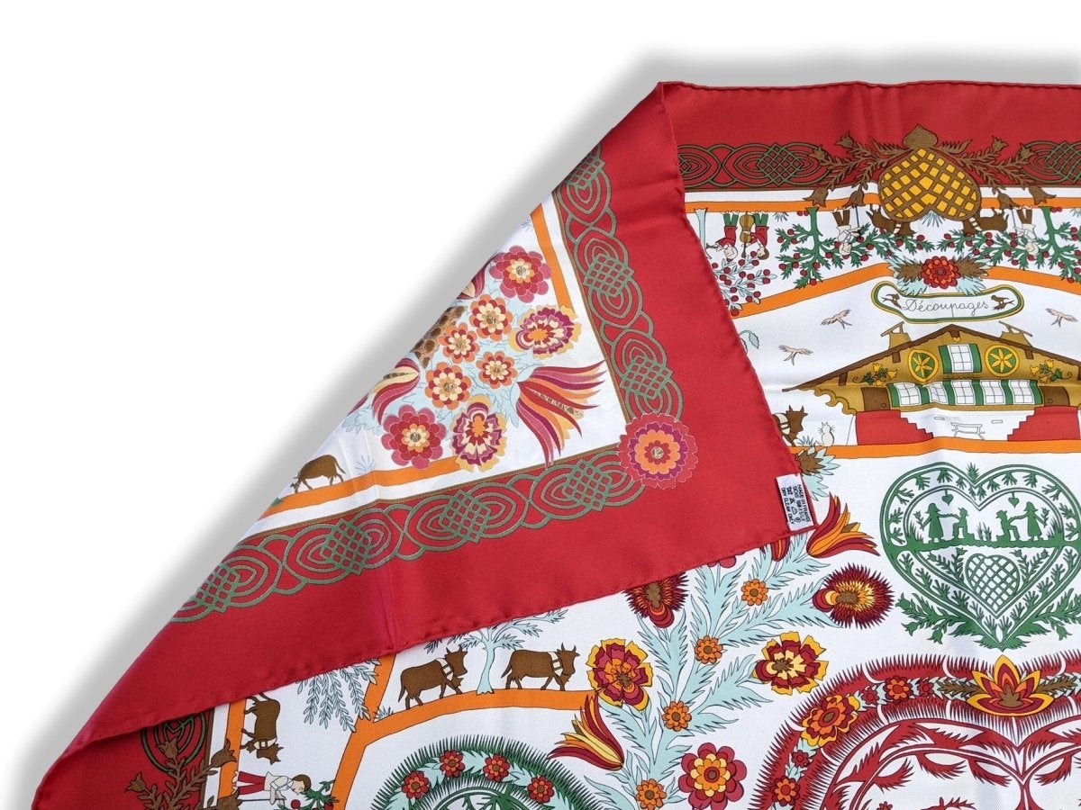 Hermes 1997 Special Issue Ltd Blanc/Rouge/vert Decoupage for Gstaad by Anne Rosat Twill 90 RARE, BNIB!