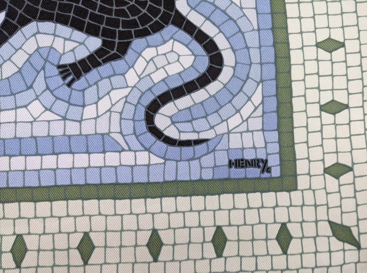 Hermes 1998 Gris/Vert/Bleu Mosaics Cave Felem by Christine Henry Twill 90 Crispy Silk Rare, BNIB!!