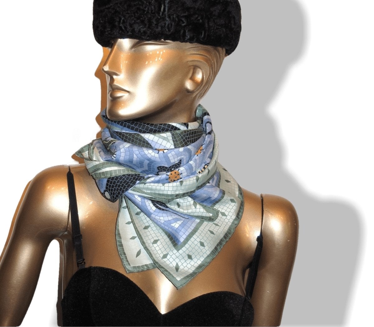Hermes 1998 Gris/Vert/Bleu Mosaics Cave Felem by Christine Henry Twill 90 Crispy Silk Rare, BNIB!!