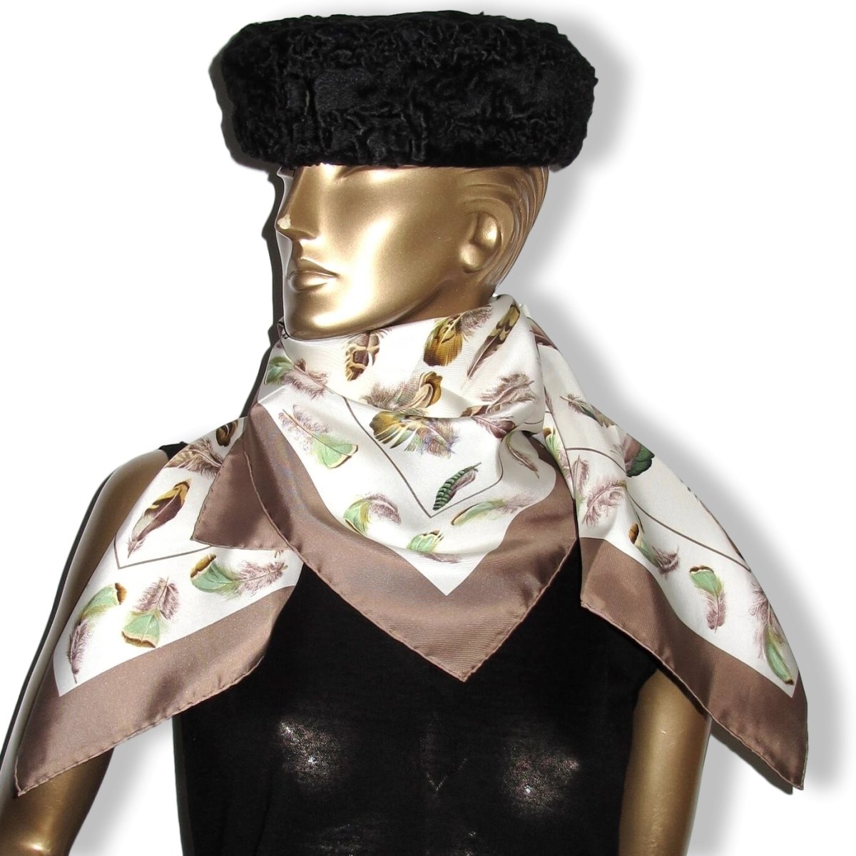 Hermes 1999 Blanc/Etoupe/Vert PLUMES by Henri de Linares Crispy Twill Silk 90, New!!