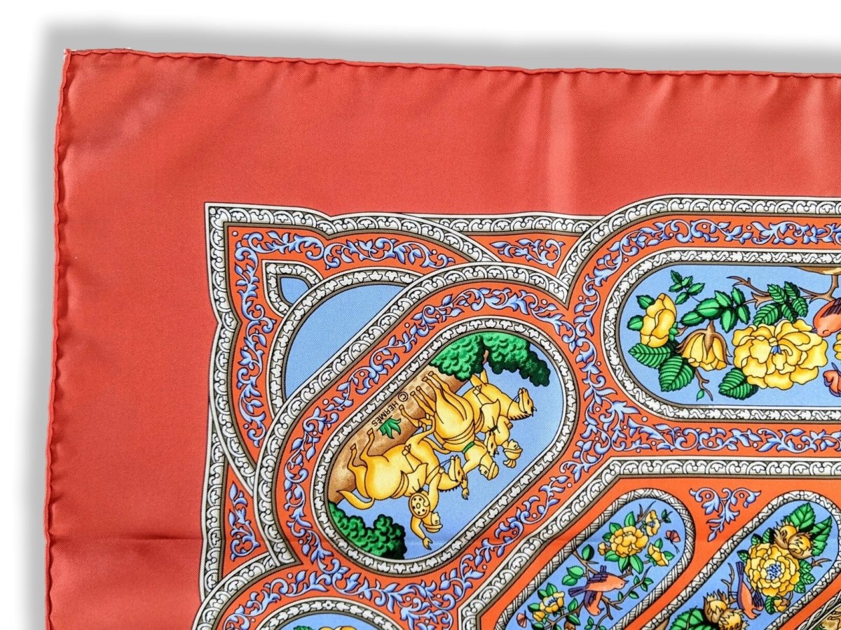 Hermes 2000 Coquelicot/Bleu QALAMDAN by Catherine Baschet Twill 90, Lovely in Box!