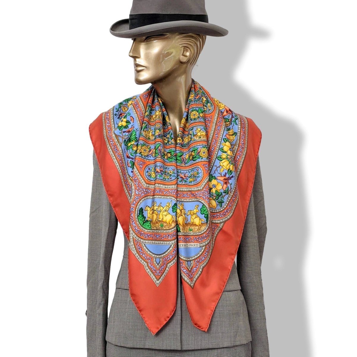 Hermes 2000 Coquelicot/Bleu QALAMDAN by Catherine Baschet Twill 90, Lovely in Box!