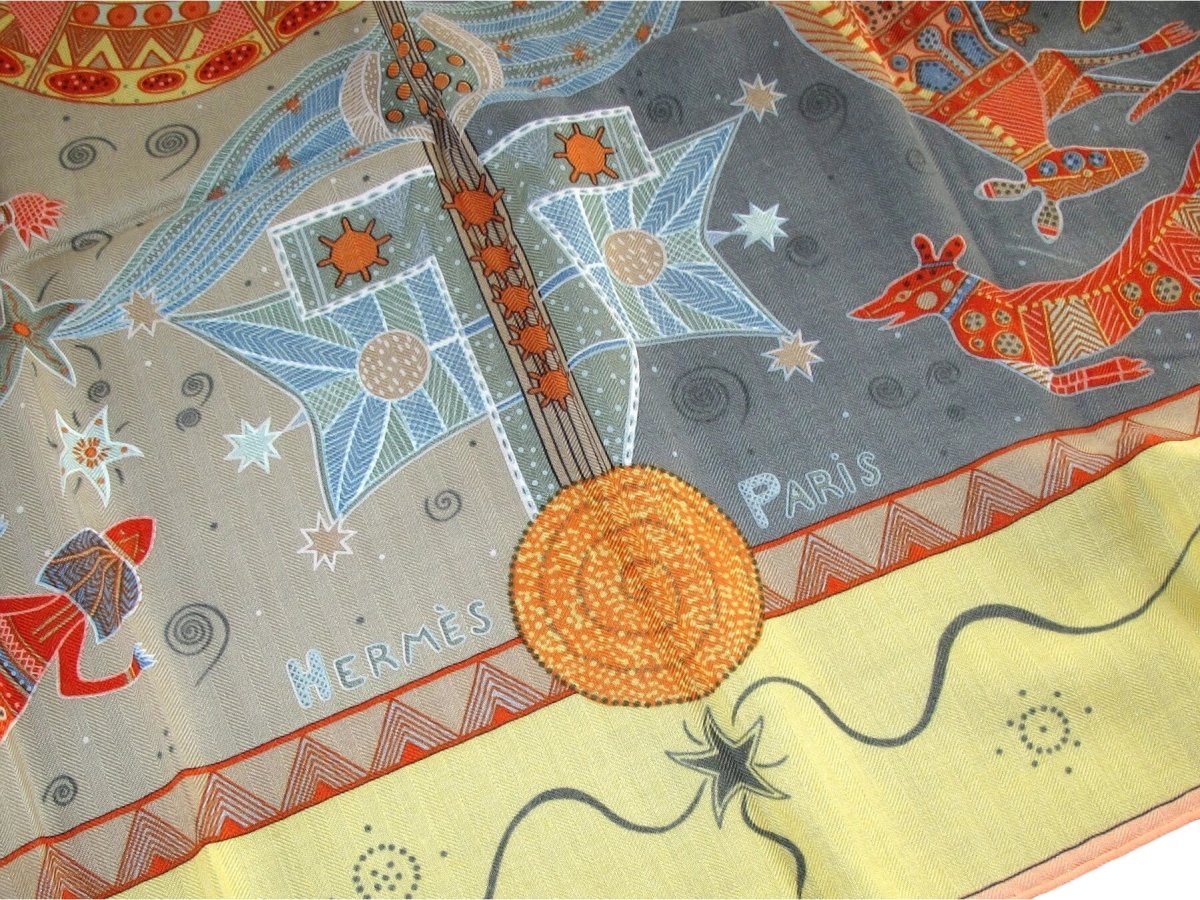 Hermes 2000 Jaune/Celadon/Corail REVE D'AUSTRALIE by Zoe Pauwels Cashmere Shawl 140