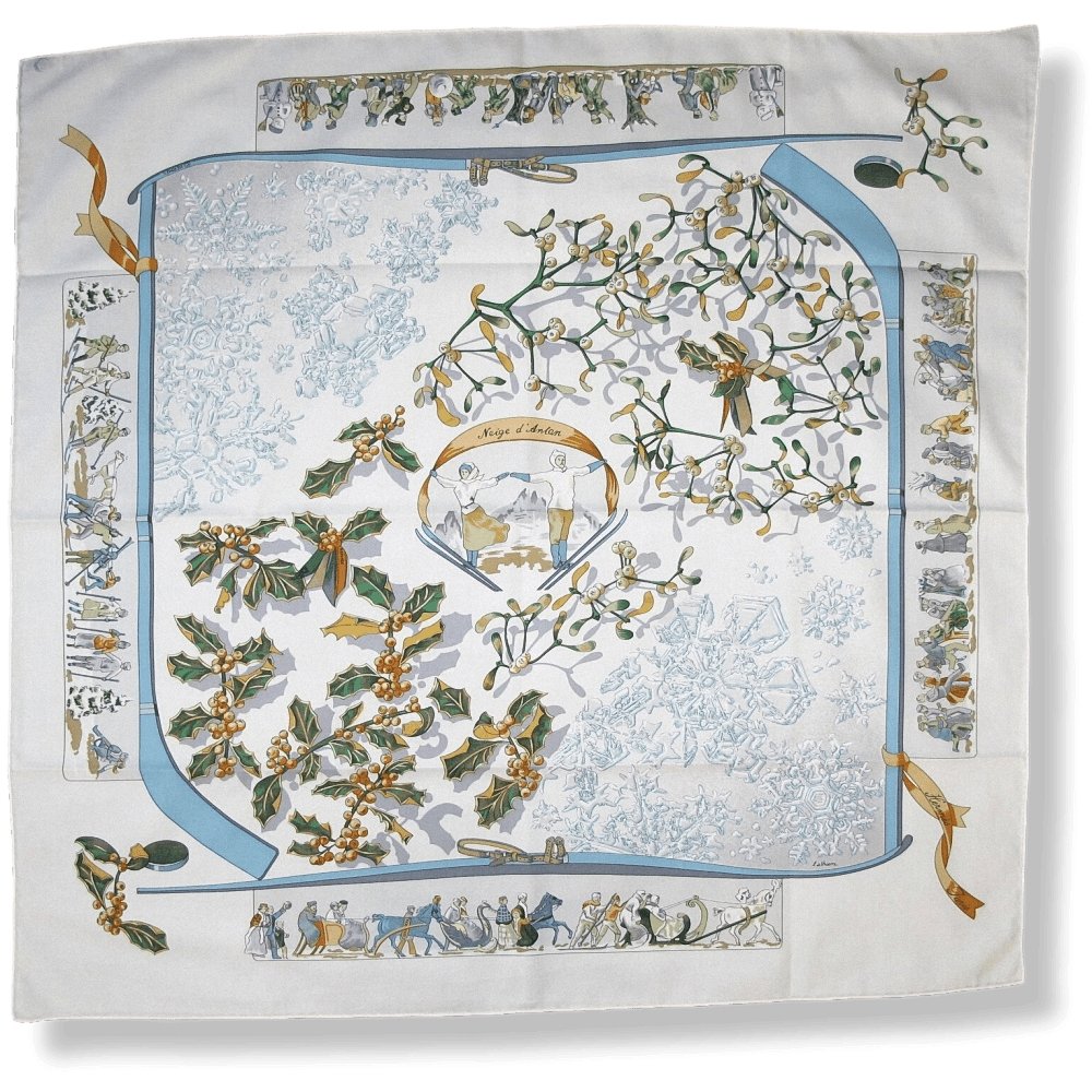 Hermes 2000 White Neige D'Antan by Caty Latham Cotton scarf 70, Rare! - poupishop