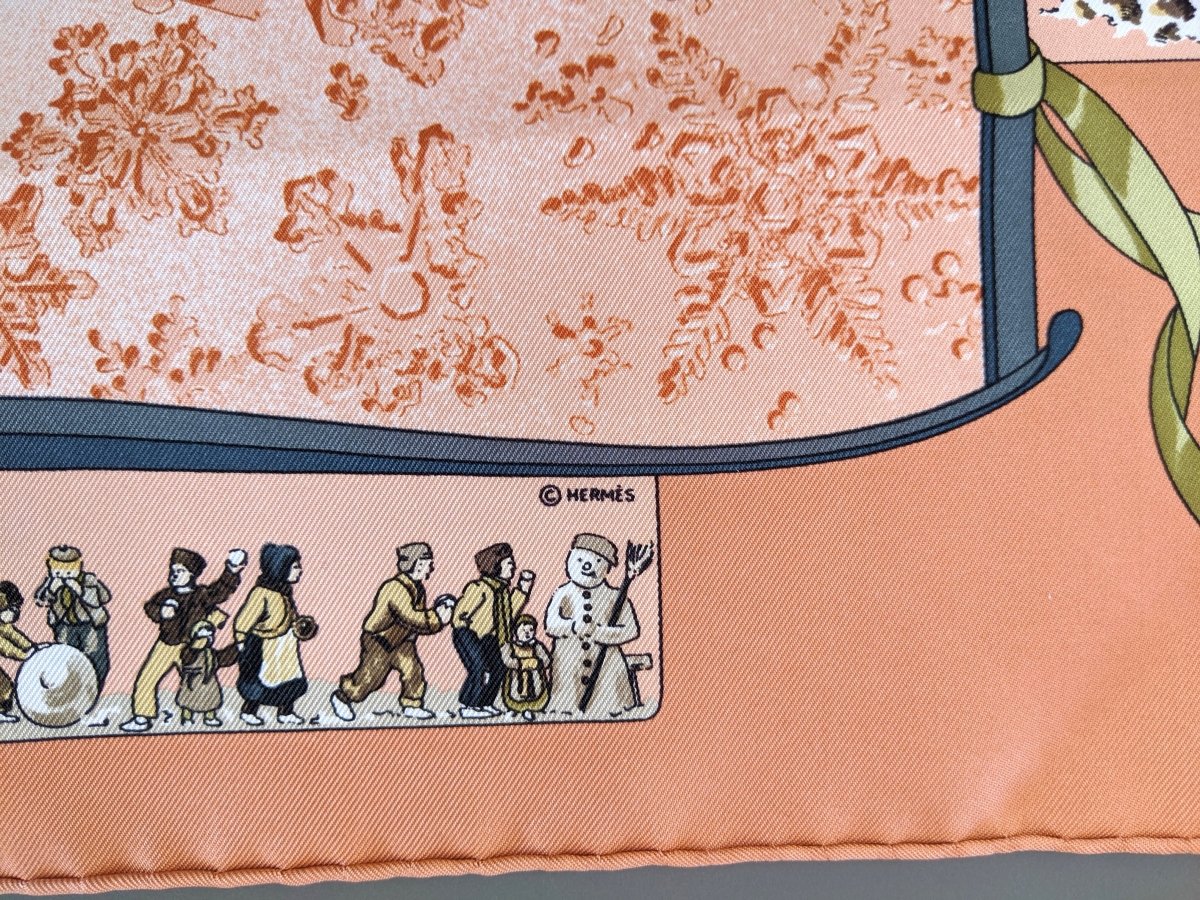 Hermes 2000s Brown Neige d'Antan by Caty Latham Pocket Scarf Gavroche 45, New!