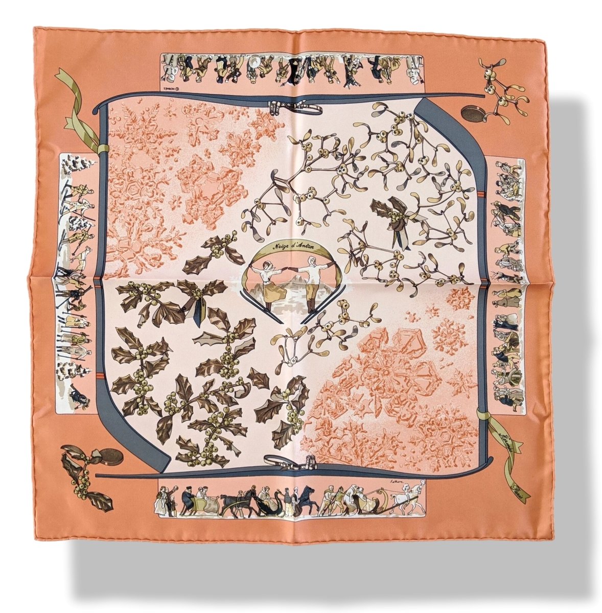 Hermes 2000s Brown Neige d'Antan by Caty Latham Pocket Scarf Gavroche 45, New!