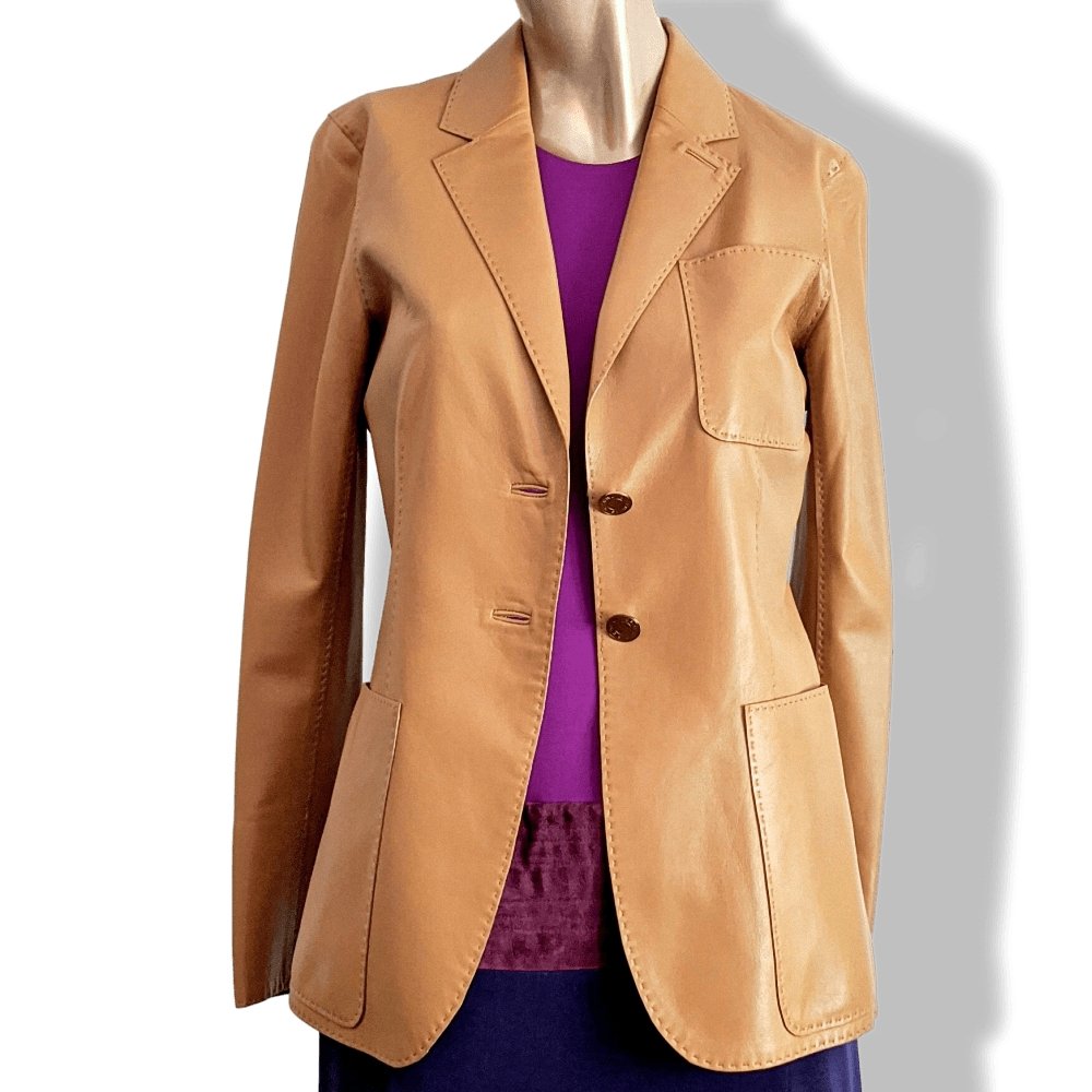 Hermes 2000s Gold Fauve Lambskin & Monogram Bolduc Silk Jacket Sellier Silk Sz38, Extra Supple, BNEW!