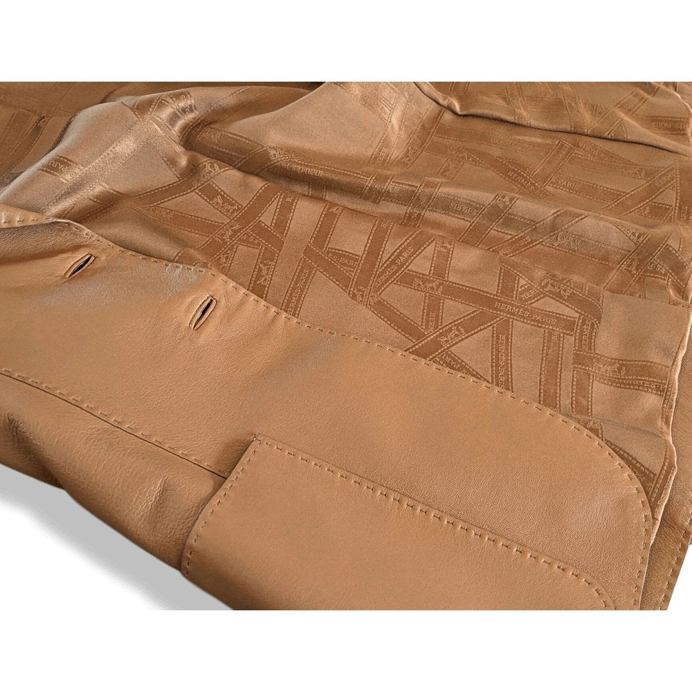 Hermes 2000s Gold Fauve Lambskin & Monogram Bolduc Silk Jacket Sellier Silk Sz38, Extra Supple, BNEW!