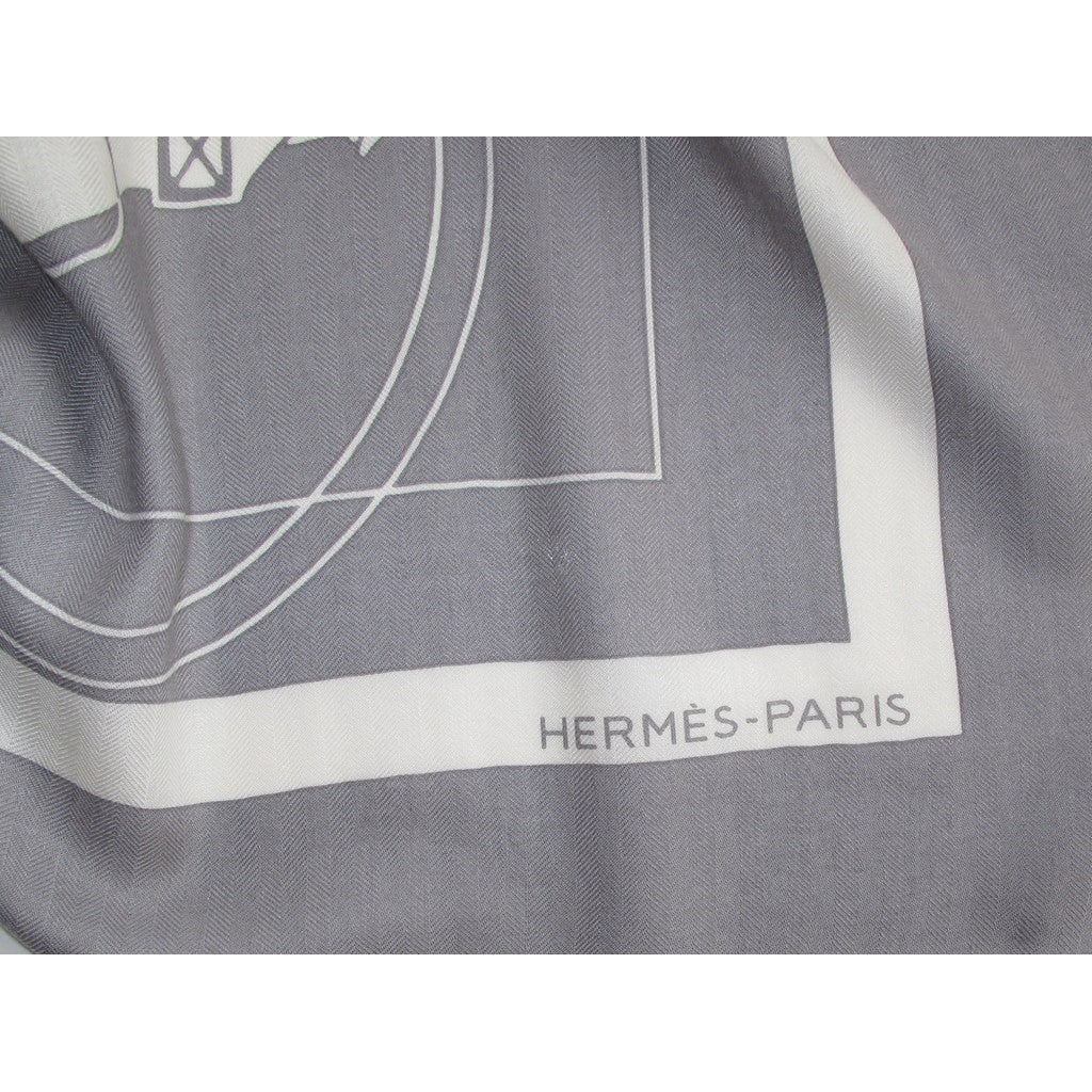 Hermes 2000s Grey/White Ex Libris Cashmere Shawl 140, Box! - poupishop