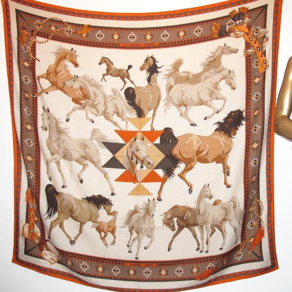 Hermes 2000s Orange/Natural Les Chevaux Qataris Cashmere Shawl 140 - poupishop