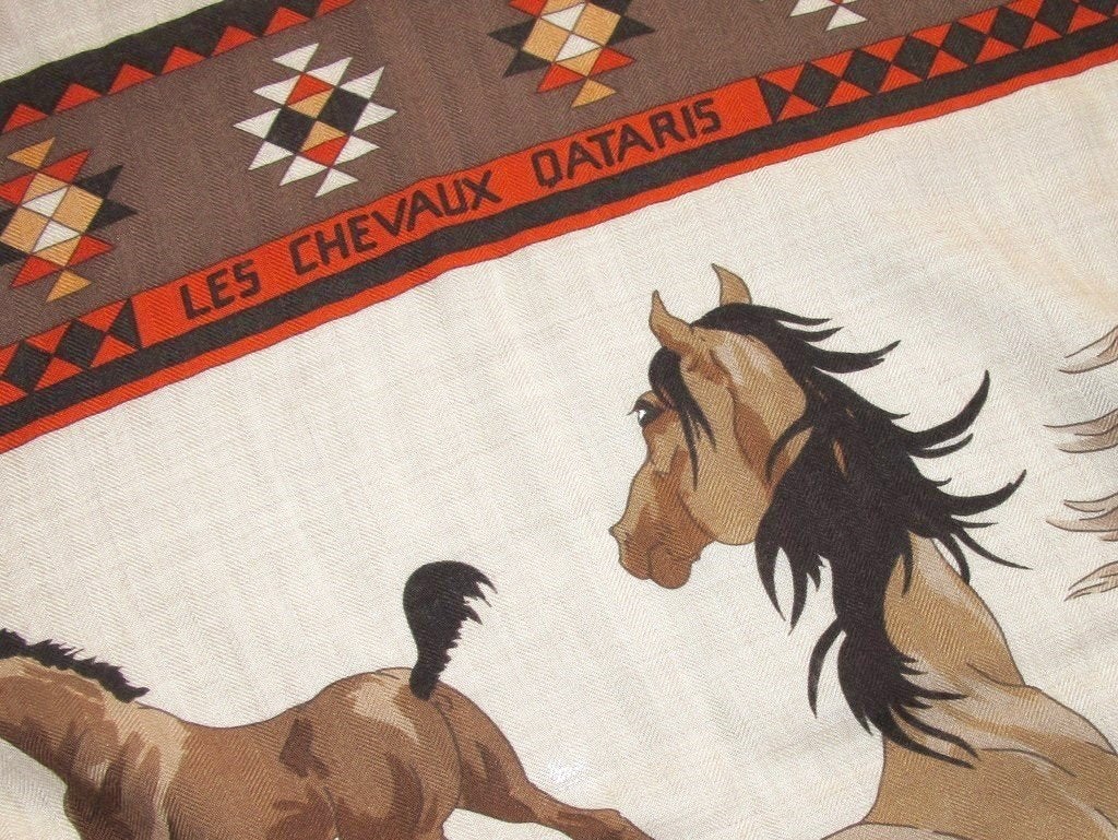 Hermes 2000s Orange/Natural Les Chevaux Qataris Cashmere Shawl 140 - poupishop