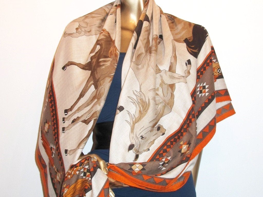 Hermes 2000s Orange/Natural Les Chevaux Qataris Cashmere Shawl 140 - poupishop