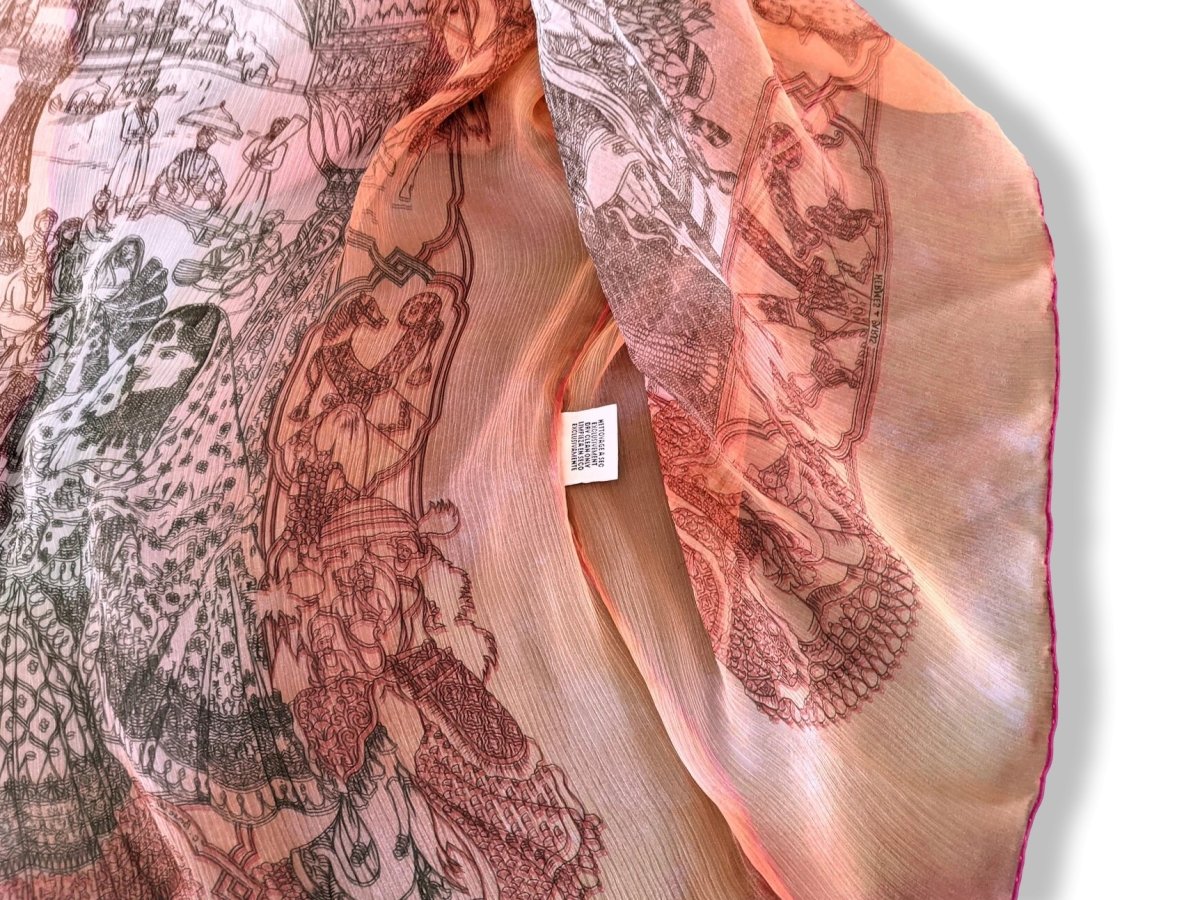 Hermes 2000s Orange/Rose Changeante SPLENDEUR DES MAHARAJAS Old Parchment Effect Mousseline Dress, RARE!